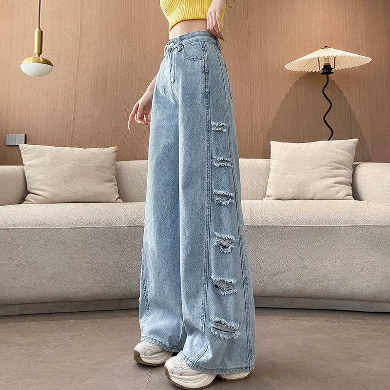 Cross-border exclusive side-stitched brushed ripped jeans for women in autumn new loose and flesh-covering floor-length wide-leg pants