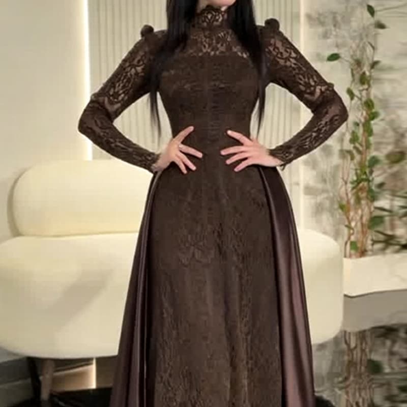 2026 New European and American Amazon Cross-border Women's Deep Brown Waist-cinching Long-sleeve Elegant Dress Fashionable Long Skirt