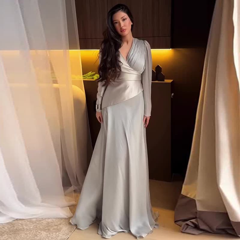 2026 Spring New Women's V-Neck Long Sleeve Pleated Elegant Slim Two-Piece Set for Cross-Border E-Commerce (Amazon US/EU)