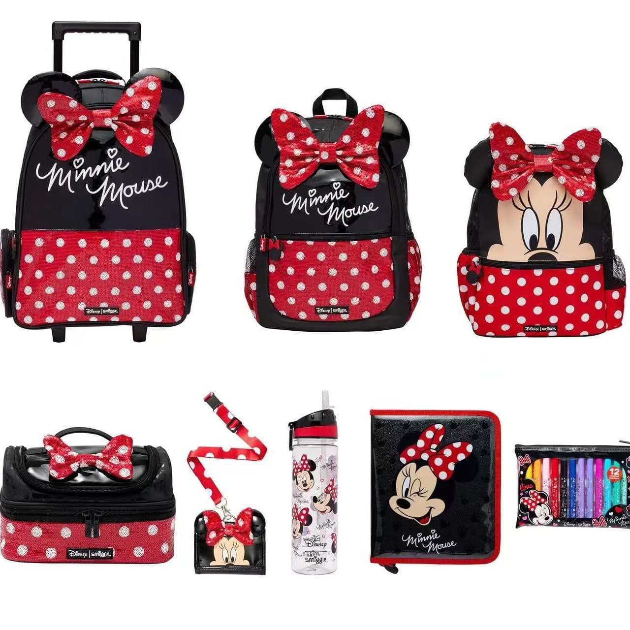 Australian Smiggle Red Minnie Series Student Backpack Trolley Bag Double-Layer Lunch Bag Pencil Case Wallet Water Bottle