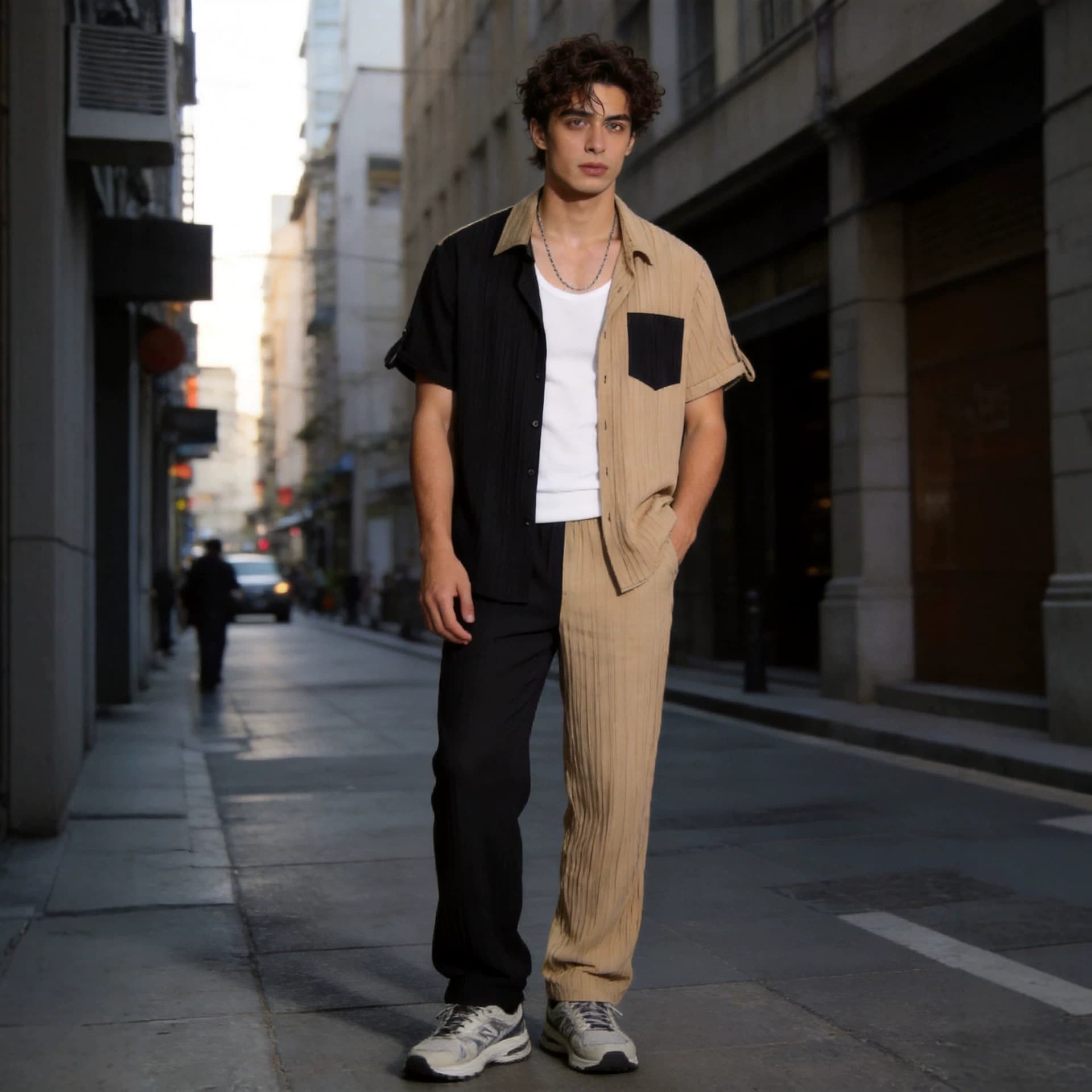 Summer Pleated Color-Block Short-Sleeve Shirt and Pants Set Men's Casual Two-Piece Outfit Trendy Youth Commuter Coordinated Look