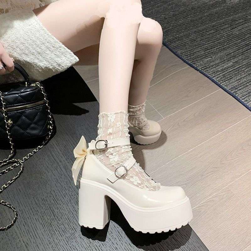 Hot girl white high heels women's 2025 spring new waterproof platform heightening sweet bow Mary Jane small leather shoes