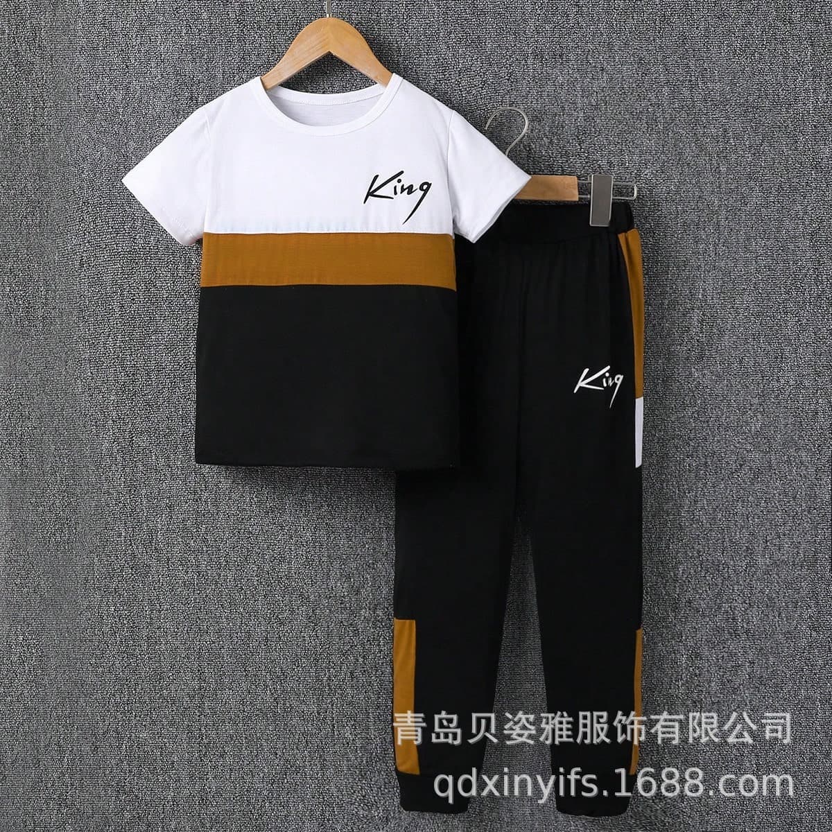 Cross-border Summer Boys' and Youth Letter KING Print Short Sleeve Top and Long Pants Set Casual Sportswear in Coffee Brown