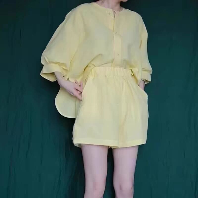Top Brand Premium Linen Yellow Shirt Set for Women Summer Casual Versatile Cotton Linen Shorts Two-Piece Set