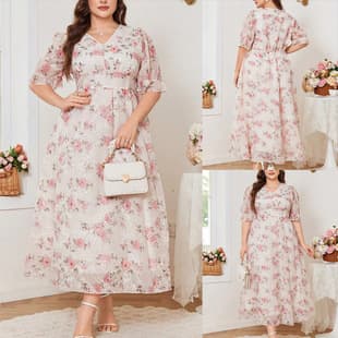 Plus Size Gentle Style French Tea Dress with Pink Rose Floral Print, Slimming High-Waist Puff Sleeve Fairy Long Dress for Curvy Women