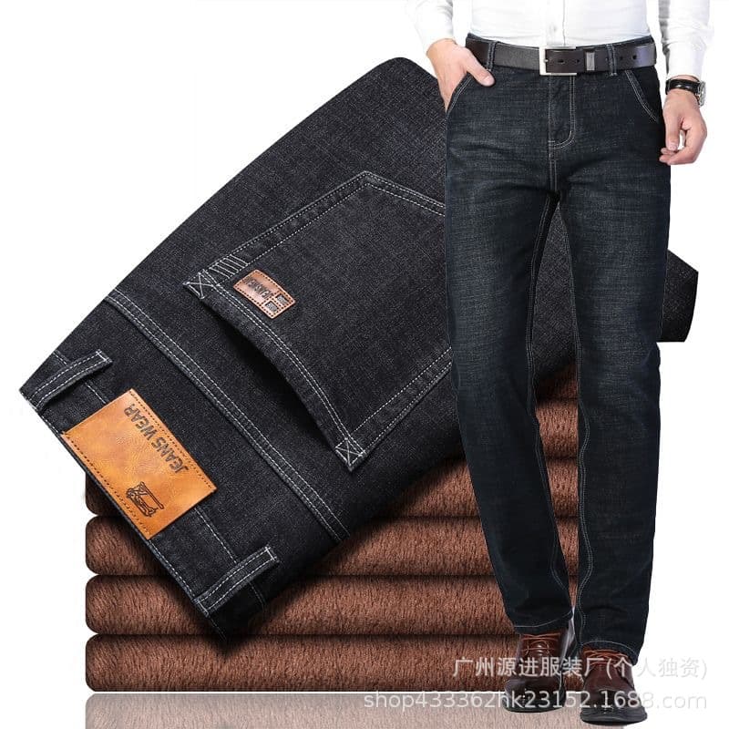 Plush Jeans Spring Autumn Winter Men's Jeans with Fleece Lining, Stretch, Relaxed Straight Leg, Men's Long Pants Wholesale