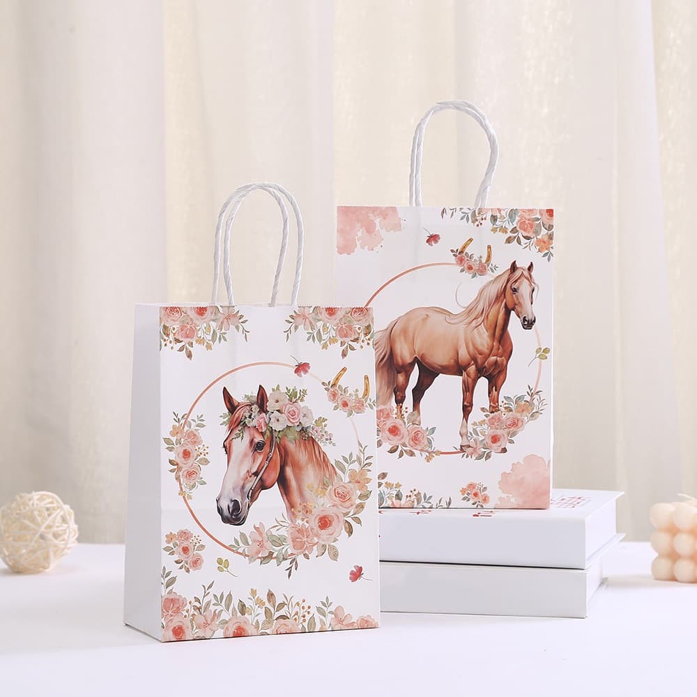 Cross-border Printed Horse Racing Party Kraft Paper Shopping Bag Birthday Gift Bag Minimalist Paper Bag Holiday Packaging Bag Wholesale