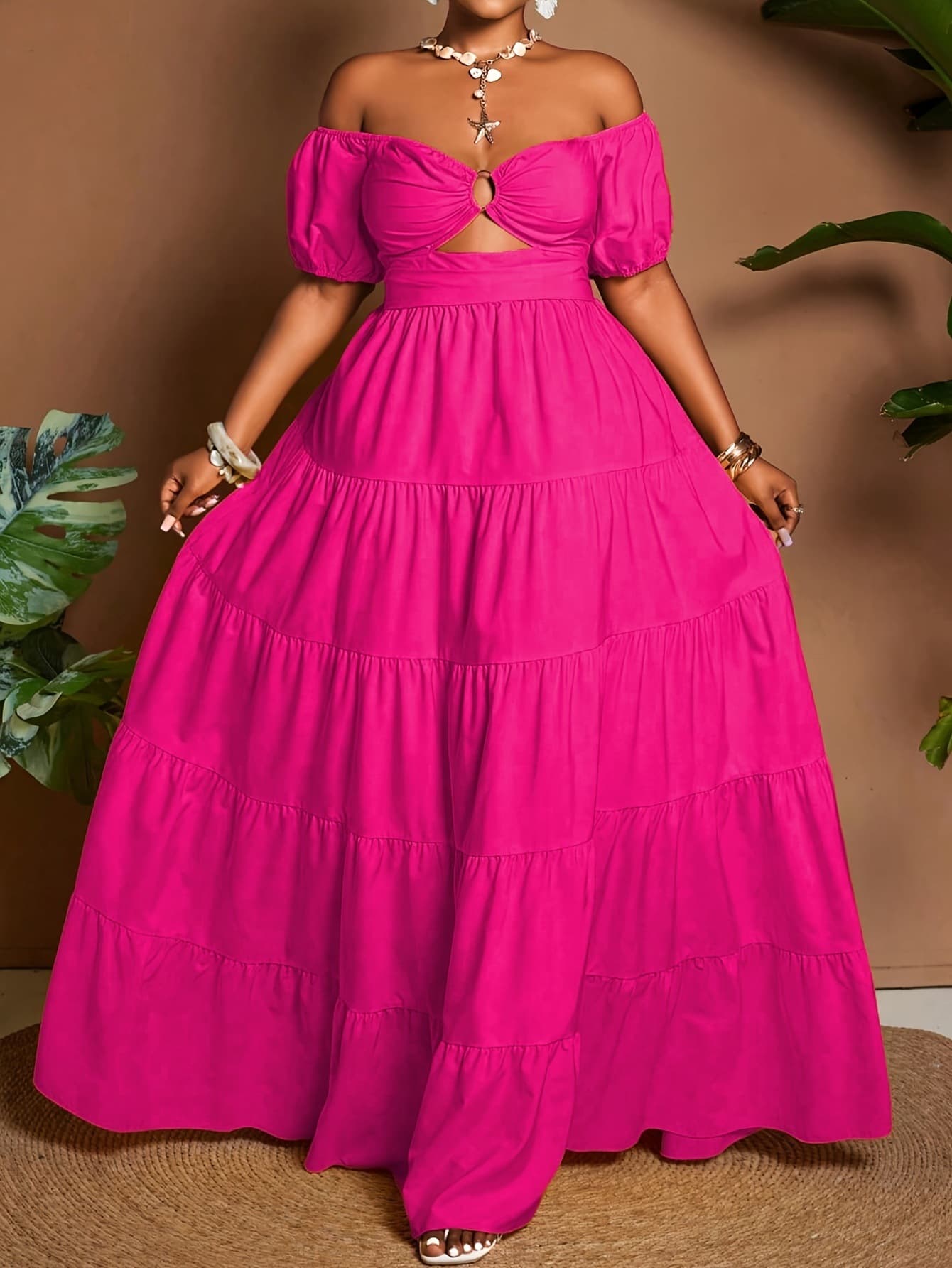 European and American Cross-border Trade Plus Size Women's 2026 New Style Elegant Off-Shoulder Crop Midi Tiered Summer Dress