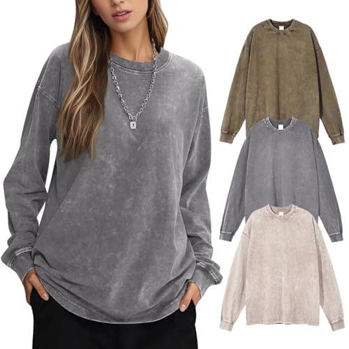 2026 Cross-Border American Style Heavyweight Cotton Washed Vintage T-Shirt Long Sleeve Oversized Drop Shoulder Retro Autumn Top