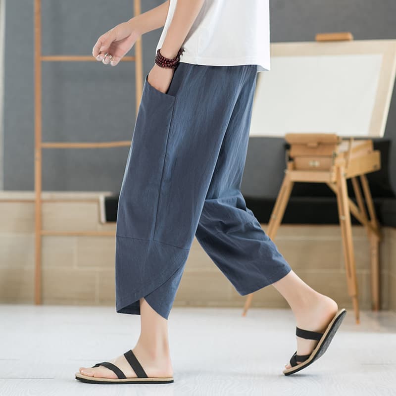 Linen cropped pants men's summer thin cropped pants Chinese style pants casual loose trendy large size cotton and linen beach pants