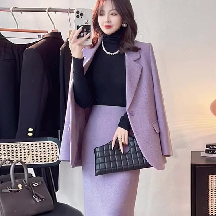 2634 large size women's small fragrant woolen suit for fat mm Yujie professional woolen suit and skirt two-piece set