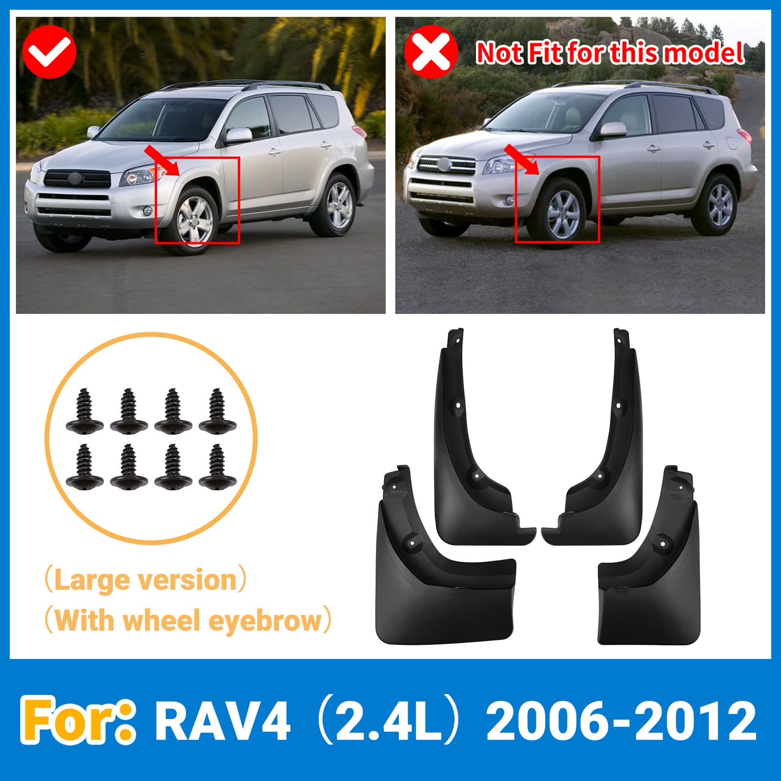 For Toyota RAV4 2.4L 2006-2012 with Wheel Arch Trim Large Car Mud Flaps