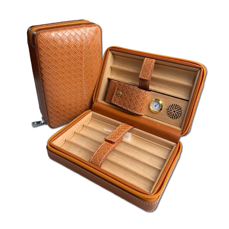 Cross-border in-stock cigar box with hygrometer, new six-cigar cedar wood cigar case, creative leather cigar holder
