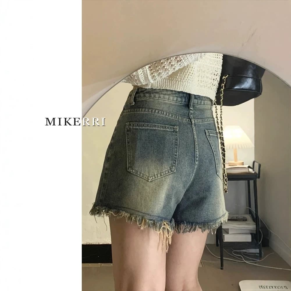 Niche Vintage Frayed Hem Denim Shorts for Women Plus Size Chubby High Waist Slim Sweet Hot Girl A-Line Wide Leg Hot Pants Summer