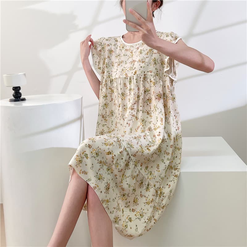 New Cotton Silk Nightgown for Women Spring Summer Thin Sleepwear Home Dress Sweet Student Short Sleeve Artificial Cotton Dress Plus Size