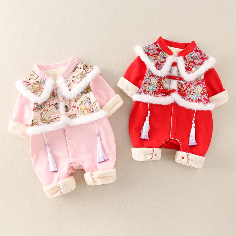 Baby jumpsuit, spring and autumn, velvet and crane stitching jumpsuit, baby girl's 100th birthday, Year of the Dragon festive dress