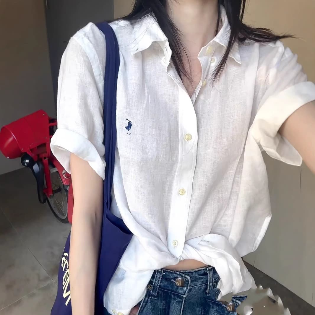 High quality spot RL Raff pony logo linen short-sleeved shirt shirt lapel temperament short-sleeved shirt women's tops