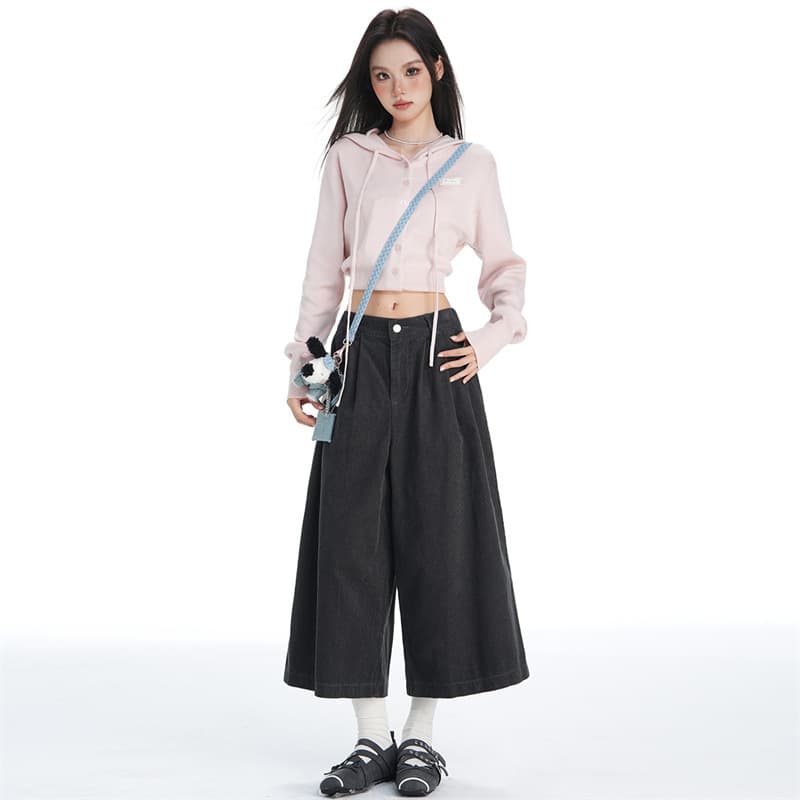 Grey Corduroy Pleated Cropped Wide-Leg Pants for Women, 2025 Fall/Winter High-Waist Slimming Korean-Style Relaxed Draped Casual Trousers
