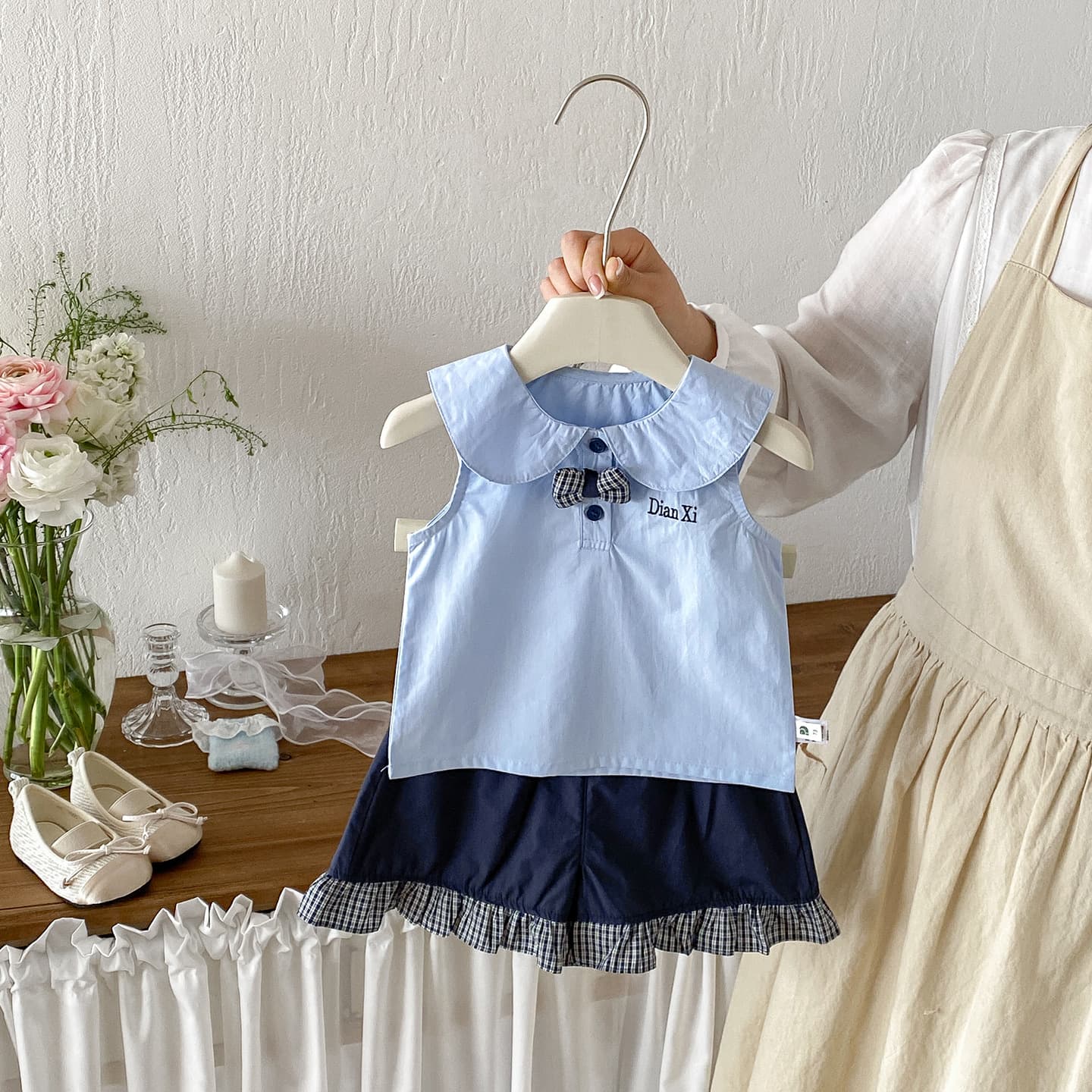 Dianxi summer new baby sweet bow doll collar vest baby plaid lace shorts two-piece set