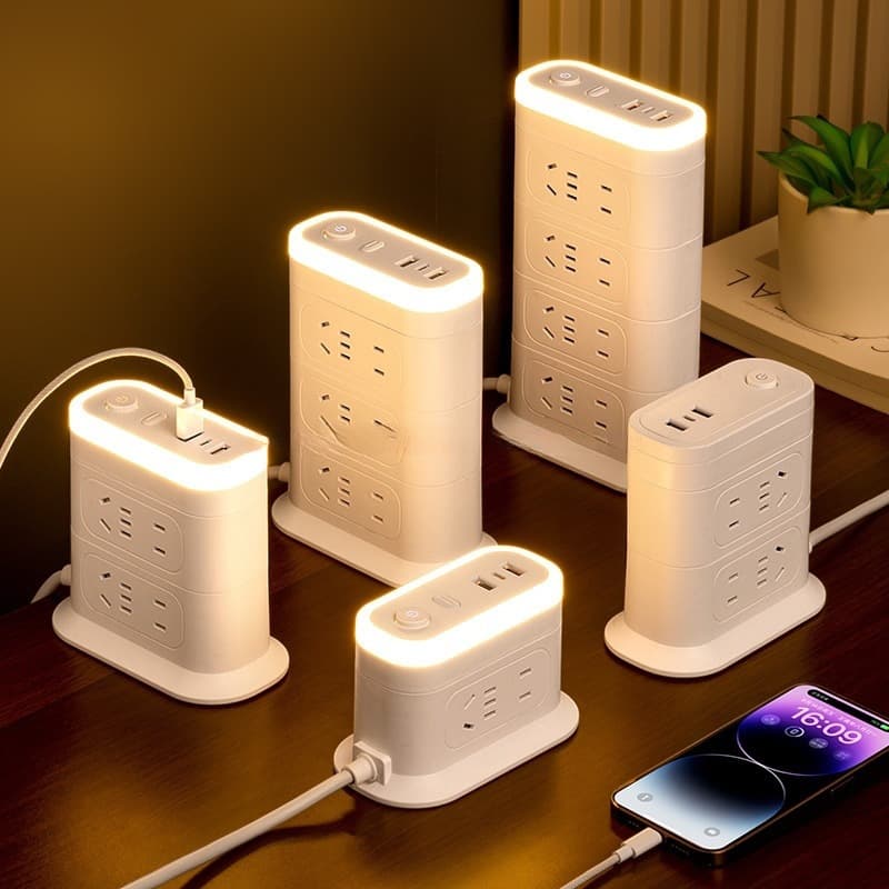 [Official Recommendation] Vertical Socket Multi-Function Panel, Multi-Port USB Fast Charge 20W Power Strip with Night Light