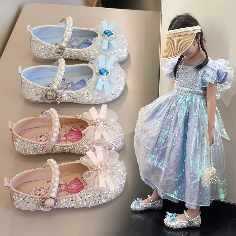 Girls' Princess Shoes Elsa Crystal Leather Shoes, Spring/Autumn New Style for Small to Medium Kids with Rhinestone Bows