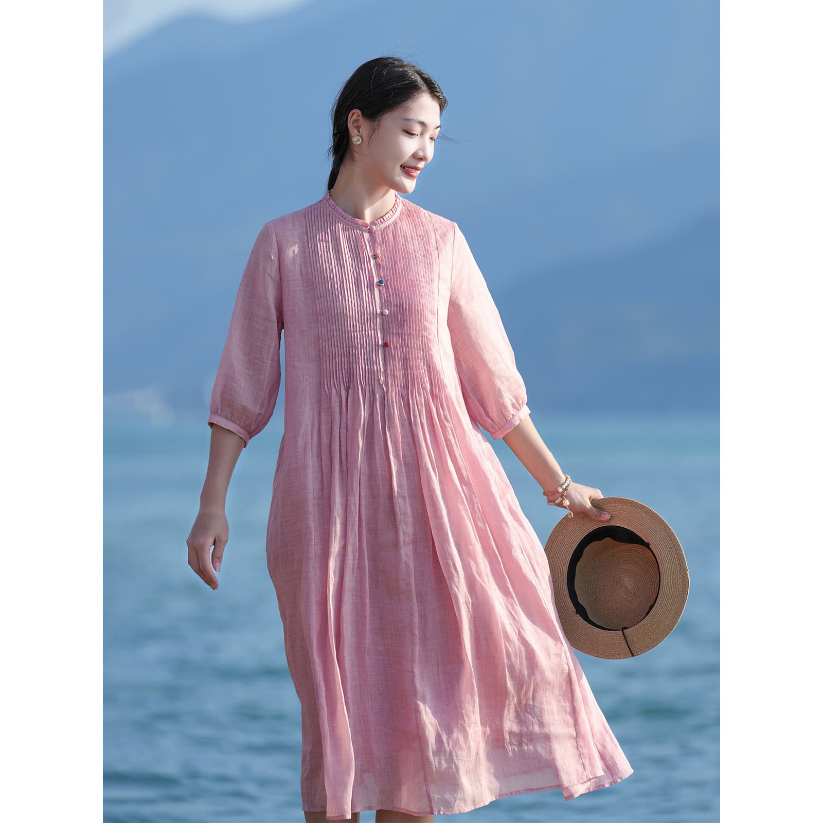 Original High-End Cotton Linen Women's Dress 26 Summer New Ramie Striped Artistic Travel Loose Beach Vacation Dress for Women