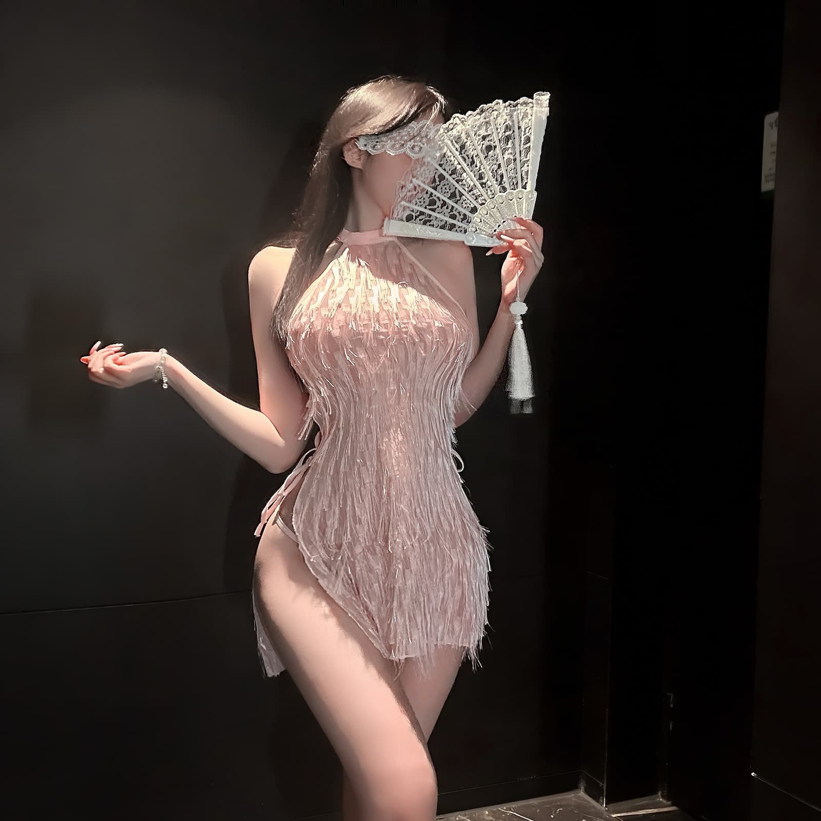 Chaomu Lingerie Sexy Flirting Pure Desire Style Feather Fringe Waterfall Dress Backless Sweet Set