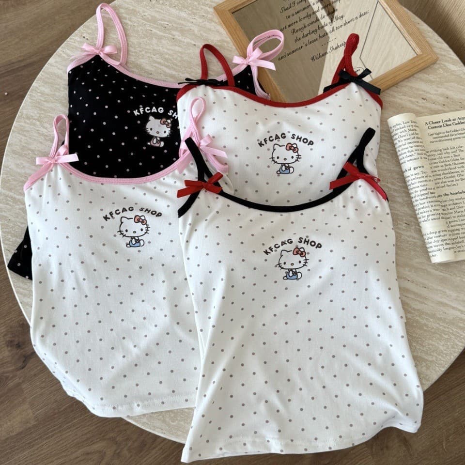Sweet Hot Girl Hello Kitty Polka Dot Bow Contrast Color Camisole Women's Slim Fit Top with Breast Pad