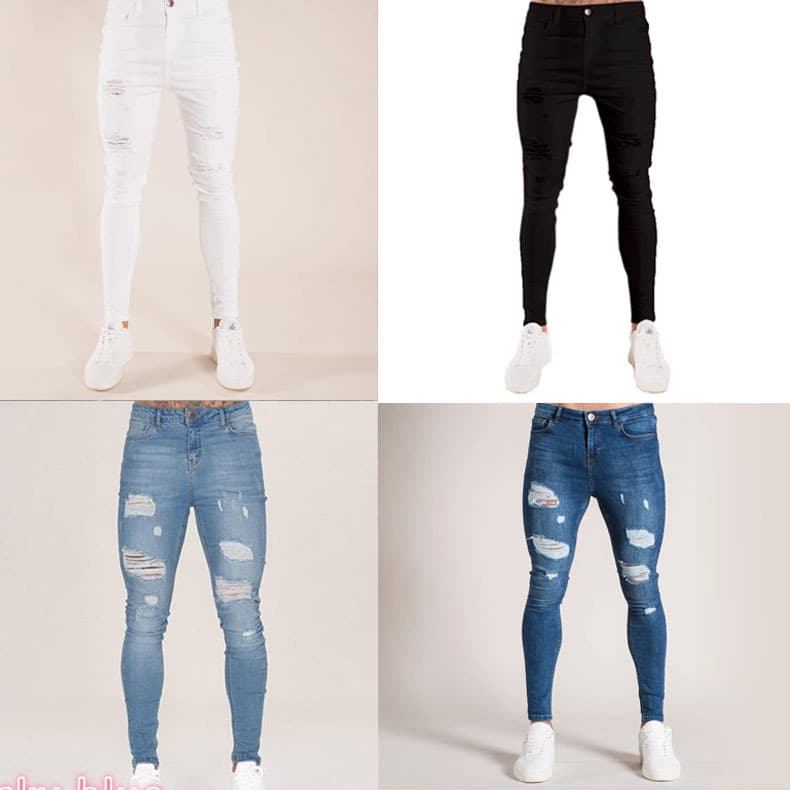 Cross-border new AliExpress Amazon wish European and American hot selling men's skinny jeans ripped hole badge small leg pants