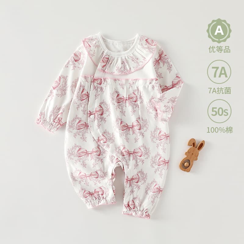 Baby Side-Opening One-Piece Seamless Pure Cotton Long-Sleeve Romper with Lace Trim, Class A, Yangang Children's Clothing Direct Delivery