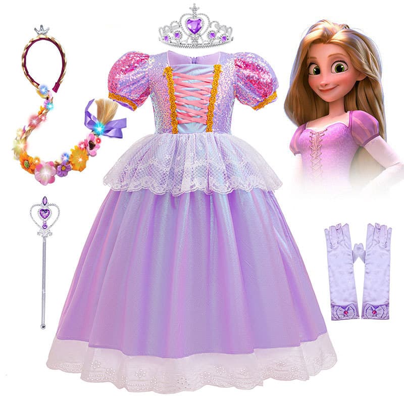Cross-border Trade Children's Dress, Cosplay Role-Playing Short-Sleeve Long-Hair Princess Dress for Girls, Factory Direct