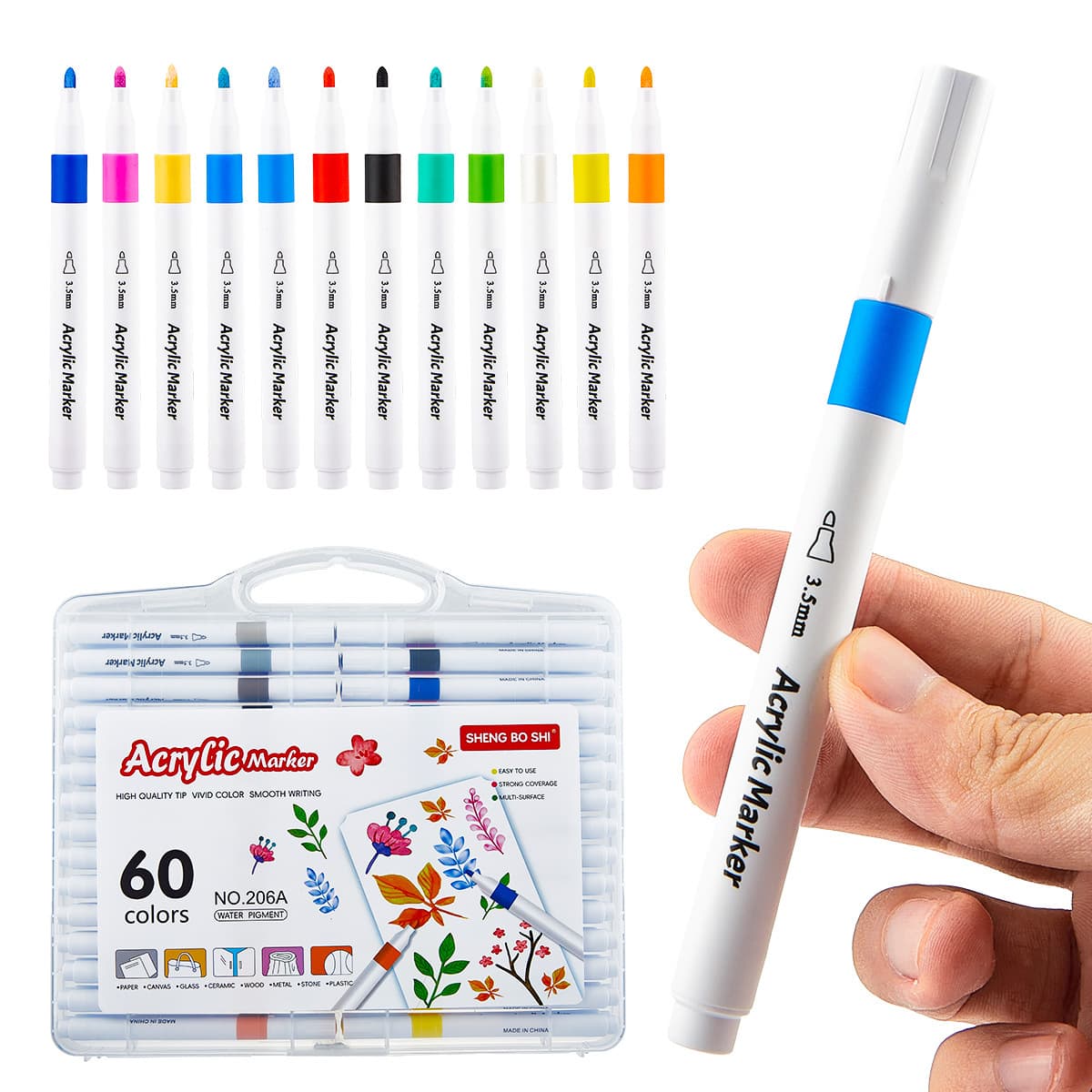 Cross-Border Amazon English Acrylic Marker Pen for Students, Art Painting, Single-Head Hard Tip, Waterproof Coloring Pen, 60 Colors