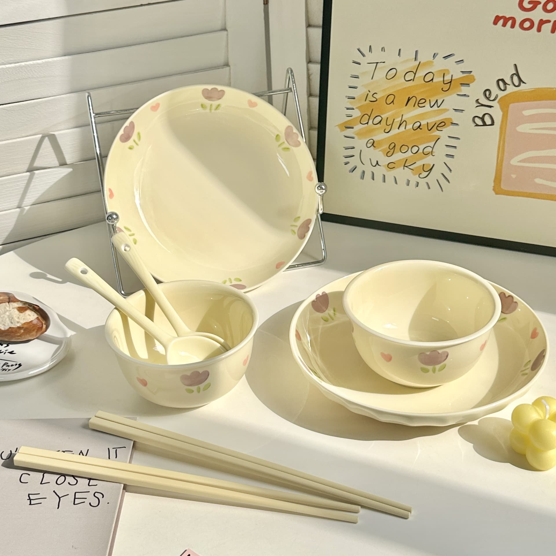 Cream Style 2026 New Ceramic Bowls and Plates, Underglaze Color Dinnerware, Ins Style High Aesthetic Home Tableware Round Plate