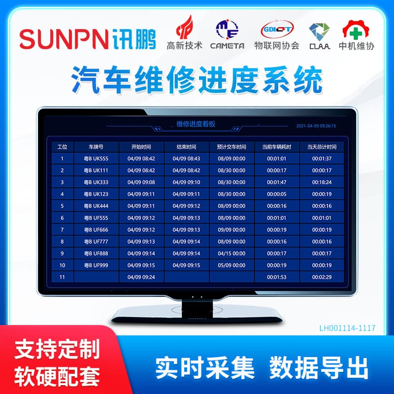 Xunpeng 4S shop vehicle maintenance, beauty, repair workshop progress real-time monitoring electronic display board management system software.