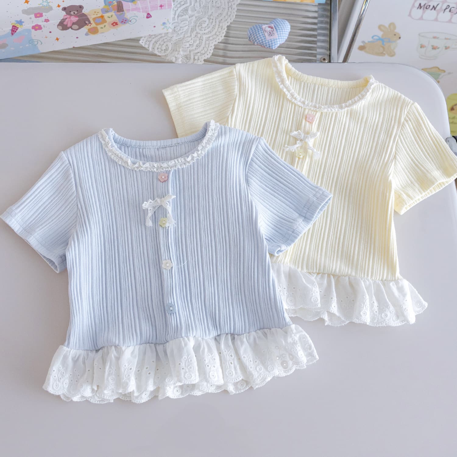 Girls Summer Cotton T-Shirt 2026 Western Style Lace Short Sleeve Sweet Color Button Bow Half Sleeve Top Trendy 8