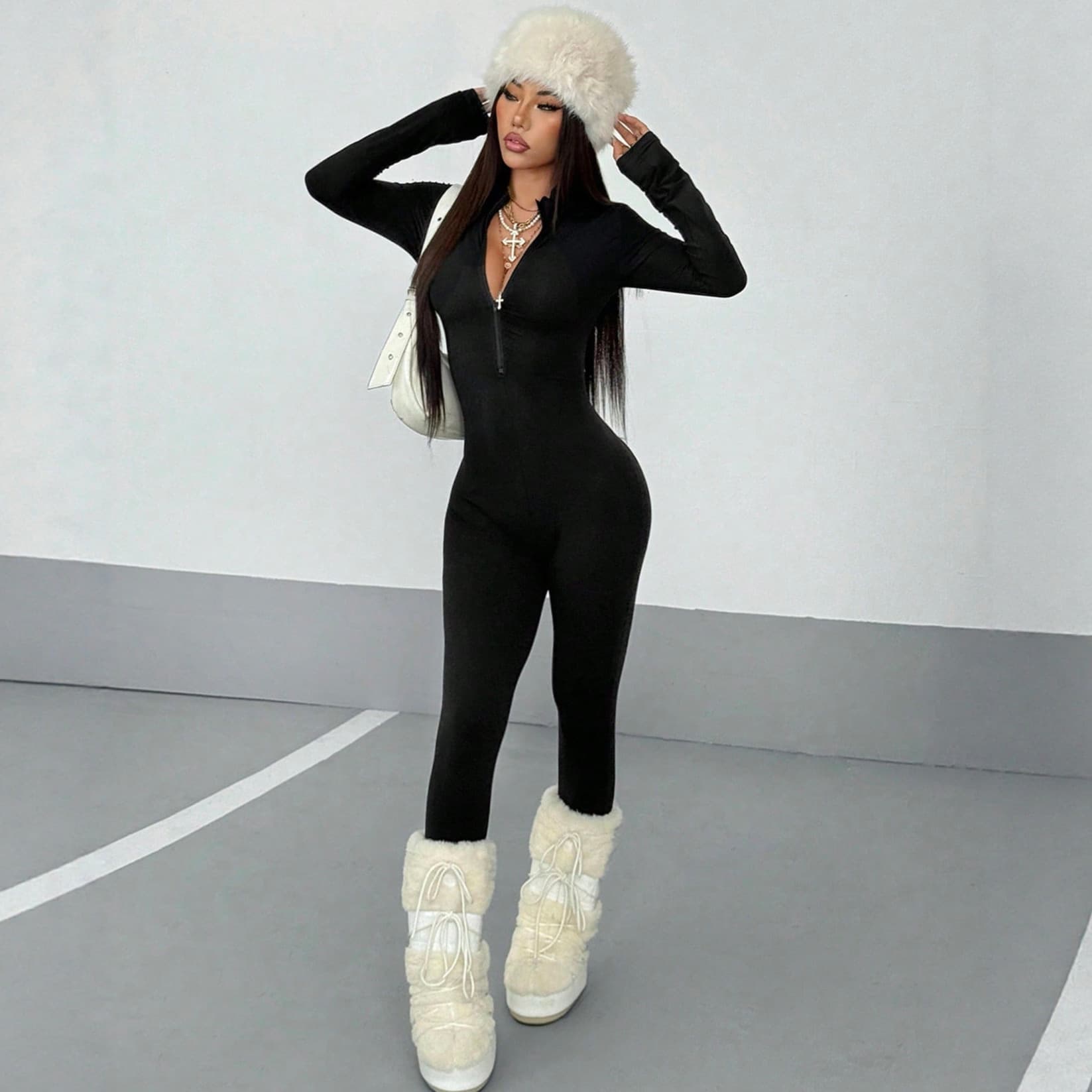 New European and American Fashion Cross-border INS Solid Color Stretch Fit Sexy Zipper Jumpsuit Bodysuit