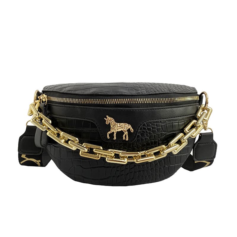 Women's Chest Bag 2024 Trendy Crocodile Texture Shoulder Bag Chain Small Bag Waist Bag Wide Strap Crossbody Saddle Bag Versatile Handbag