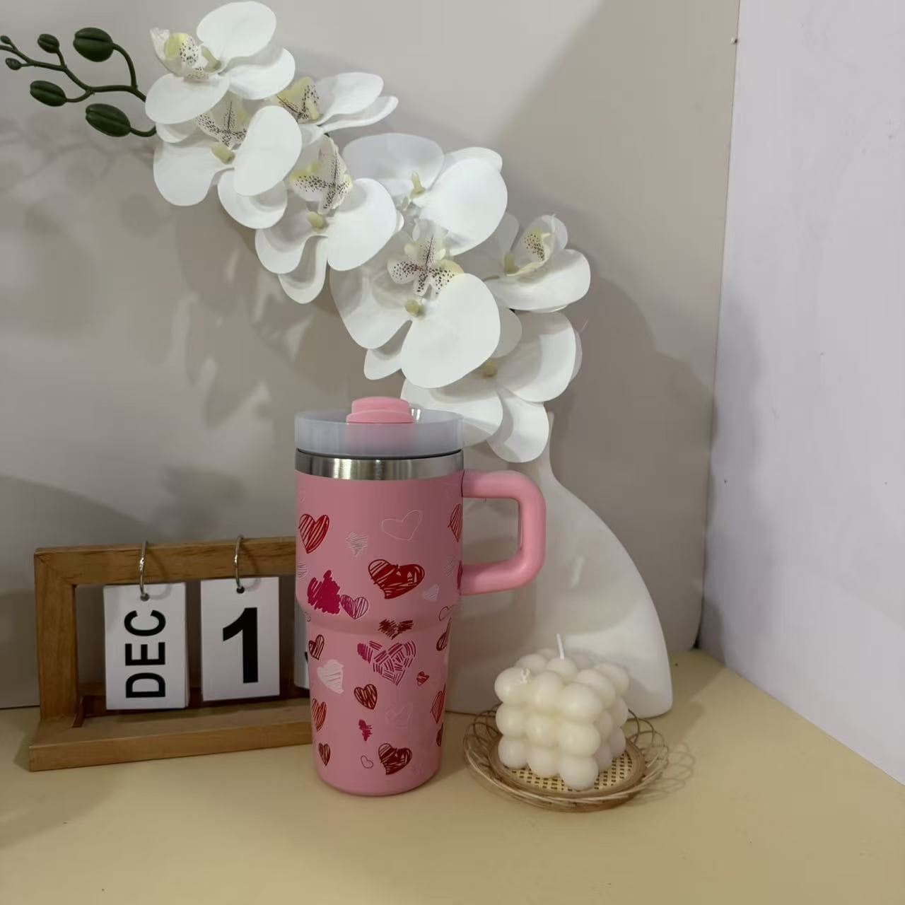 Cross-border Valentine's Day 20oz Handle Car Cup 304 Stainless Steel Insulated Mug Small Capacity Portable Car Straw Cup