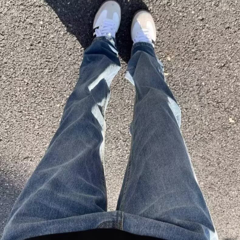American streetwear lightning pattern washed light blue jeans for men, hip-hop trendy straight-leg slightly flared pants, factory direct