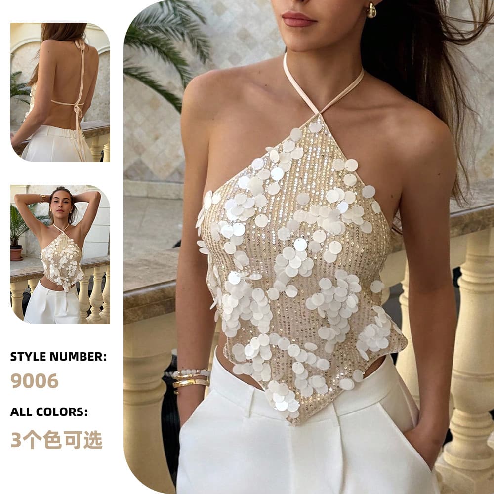 New Cross-Border Sexy Sequin Backless Halter Top for Summer Beach Tropical Vacation Carnival