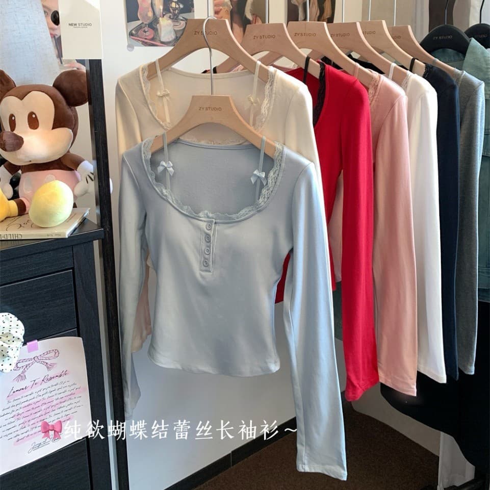 French-style pure and seductive lace-trimmed long-sleeve T-shirt, autumn/winter brushed slim-fit slimming innerwear, sweet base top for spicy girls.