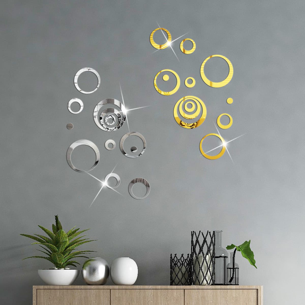 24-Piece 3D Ring Acrylic Mirror Wall Stickers, Round Living Room Bedroom TV Background Wall Circles Home Decor