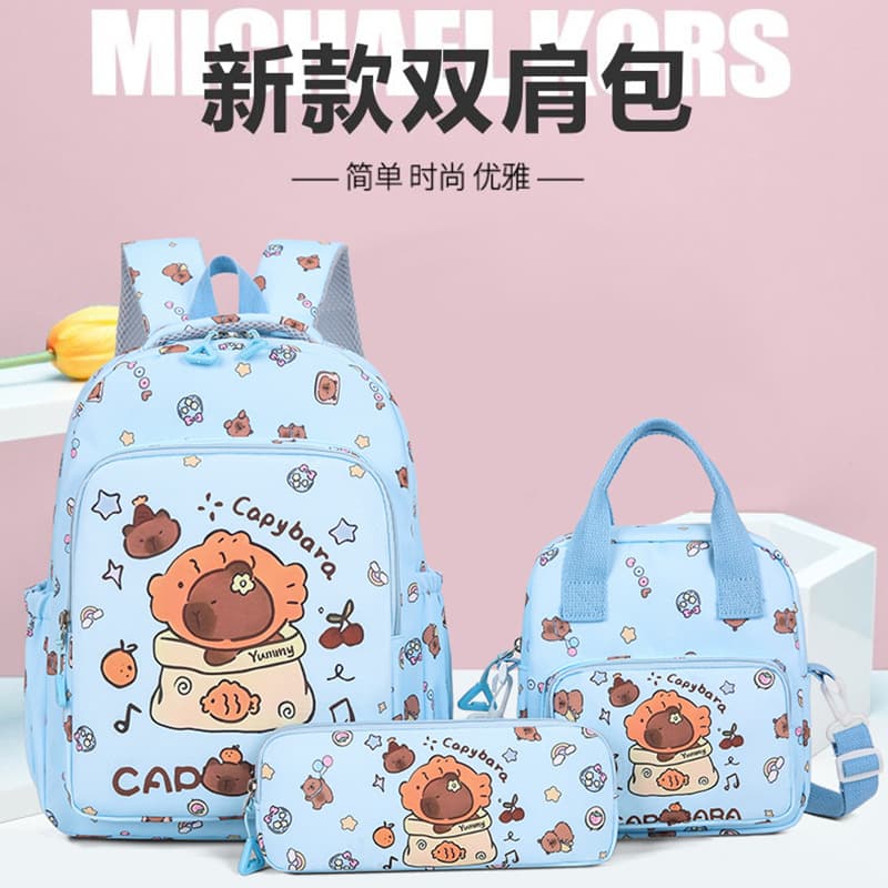 2026 New Kids Backpack Cartoon Cute Elementary School Student Backpack Capybara Water Pig Shoulder Bag Three-Piece Set