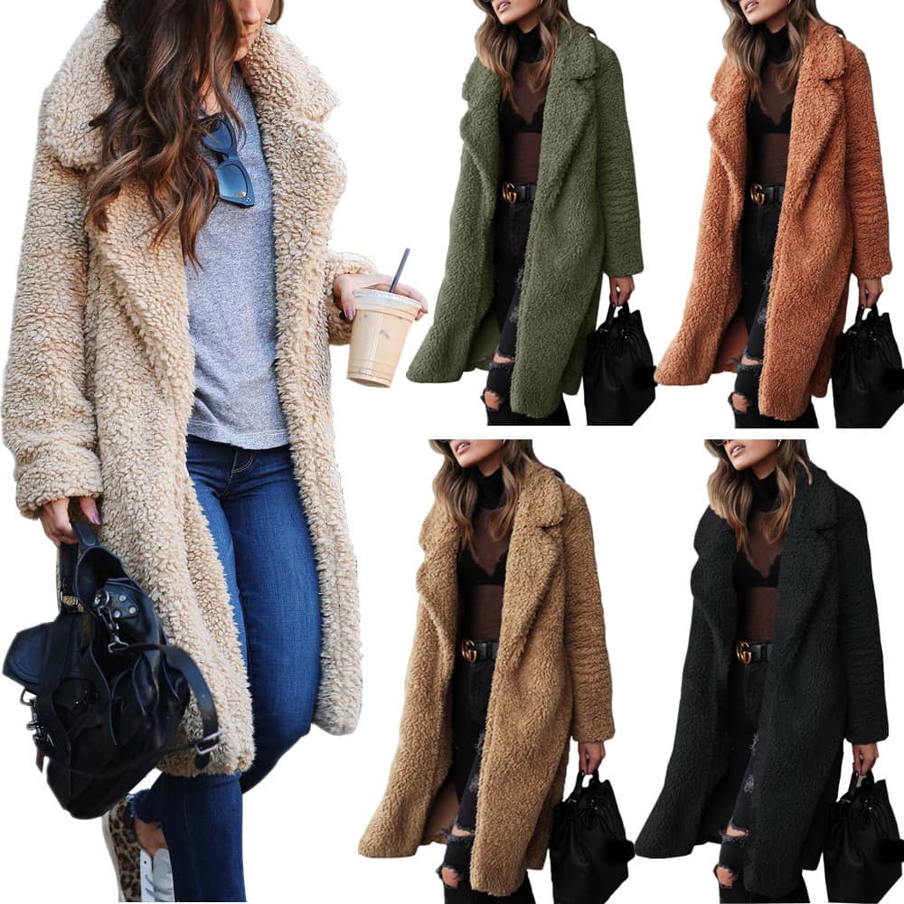 European and American Cross-Border Autumn/Winter Wish Hot Selling Long-Sleeve Lapel Women's Plush Top Long Coat