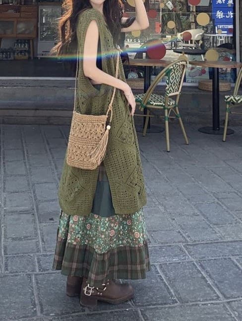 2026 New Vintage Set Women Layered Cutout Knit Dress Summer High Waist Letter Print Skirt Two-Piece Set