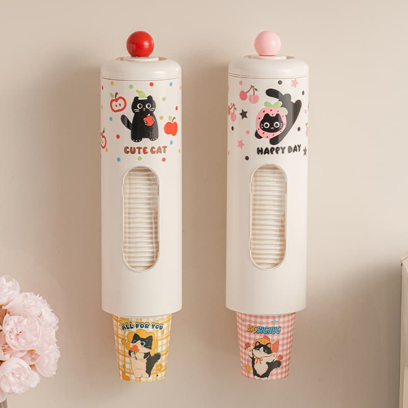 Dopamine cute disposable paper cup dispenser, no-drill wall-mounted cup holder for water dispenser, dust-proof cup storage rack