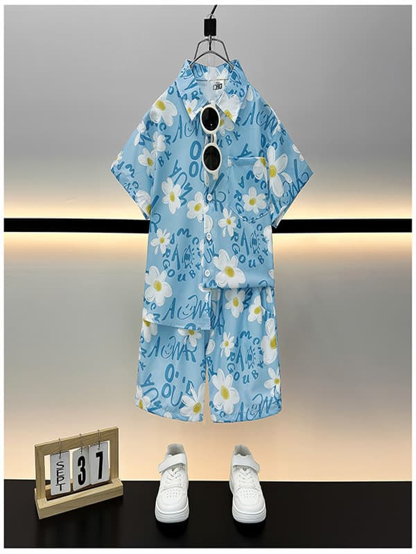 New Summer Casual Short Sleeve Shirt Set, Trendy Loose Fit Shirt for Boys, Beach Floral Shirt