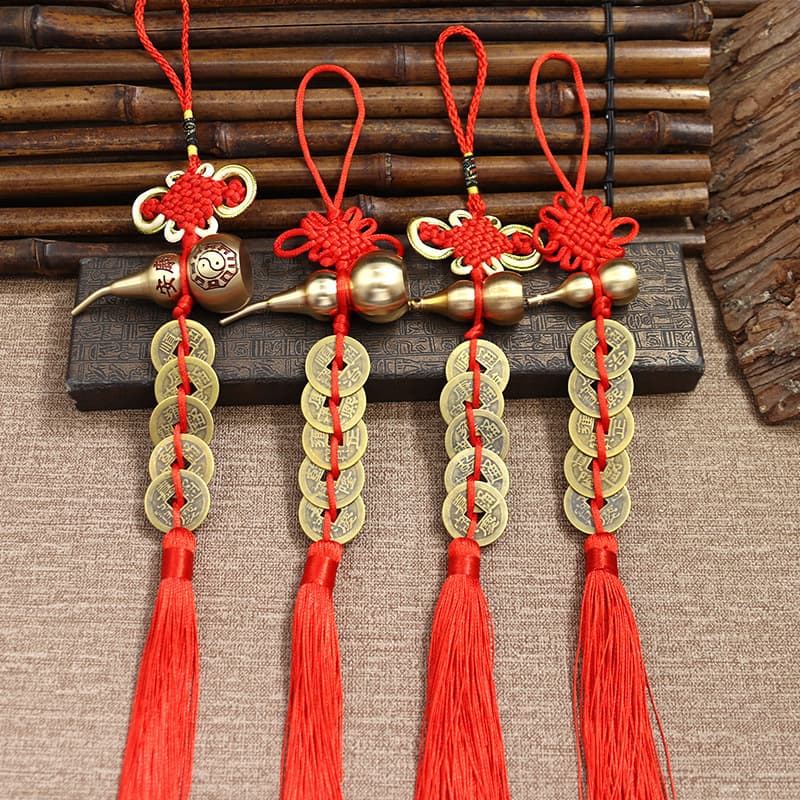 Brass gourd pendant with five emperor coins for good fortune, antique style, auspicious knot, eight emperors, and plum blossom design.