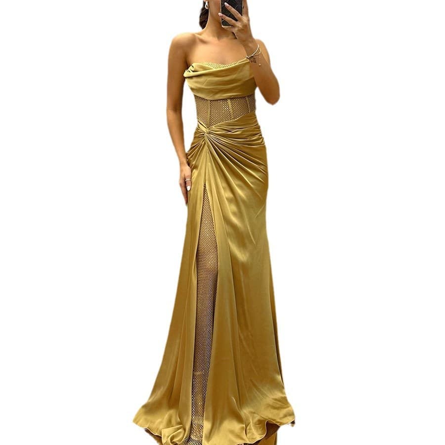 2024 Cross-Border European and American Spring/Fall New Party Satin Strapless Dress INS Casual Fashion Patchwork Dress