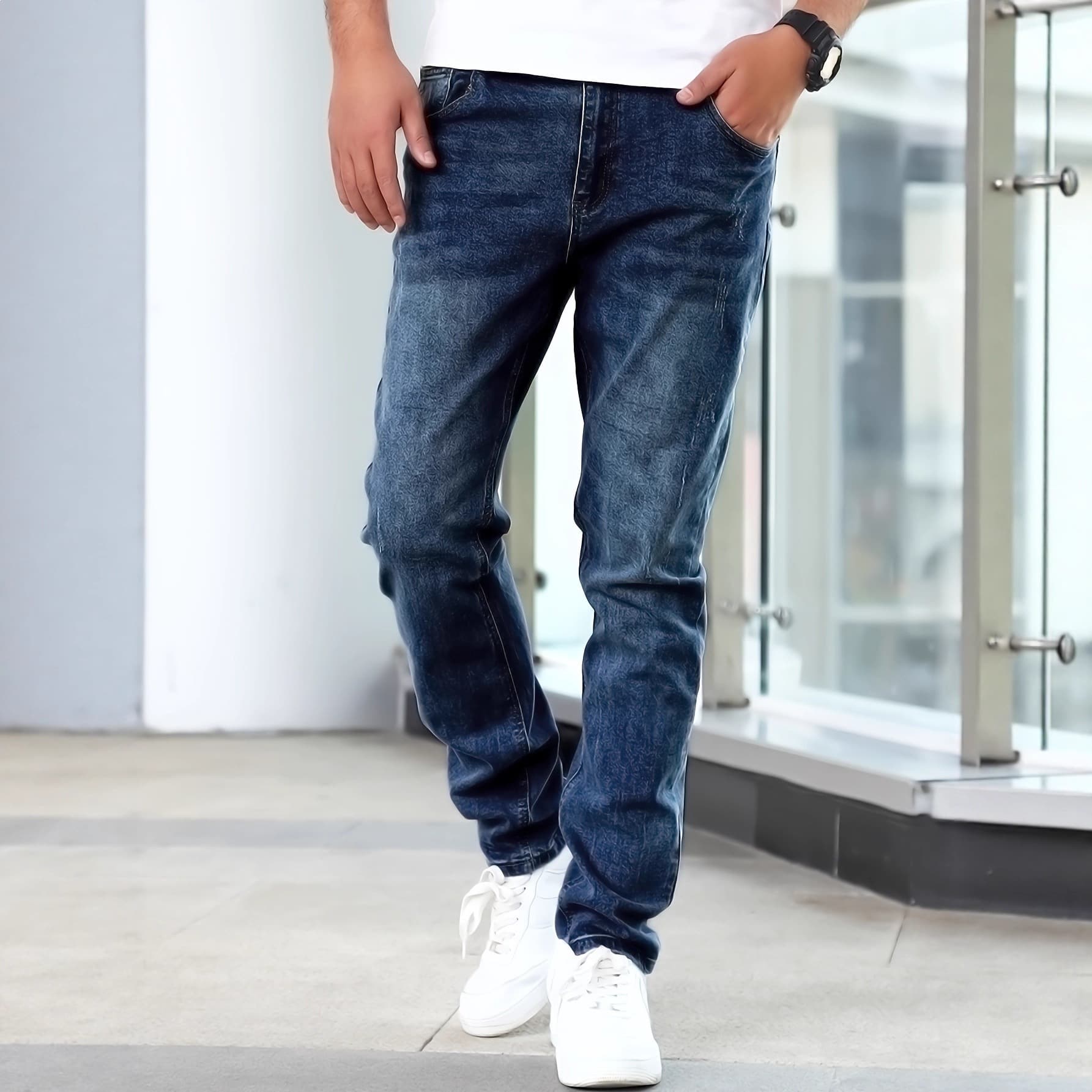 Men's jeans straight mid stretch trousers style bicycle men's trousers street style dark blue denim trousers